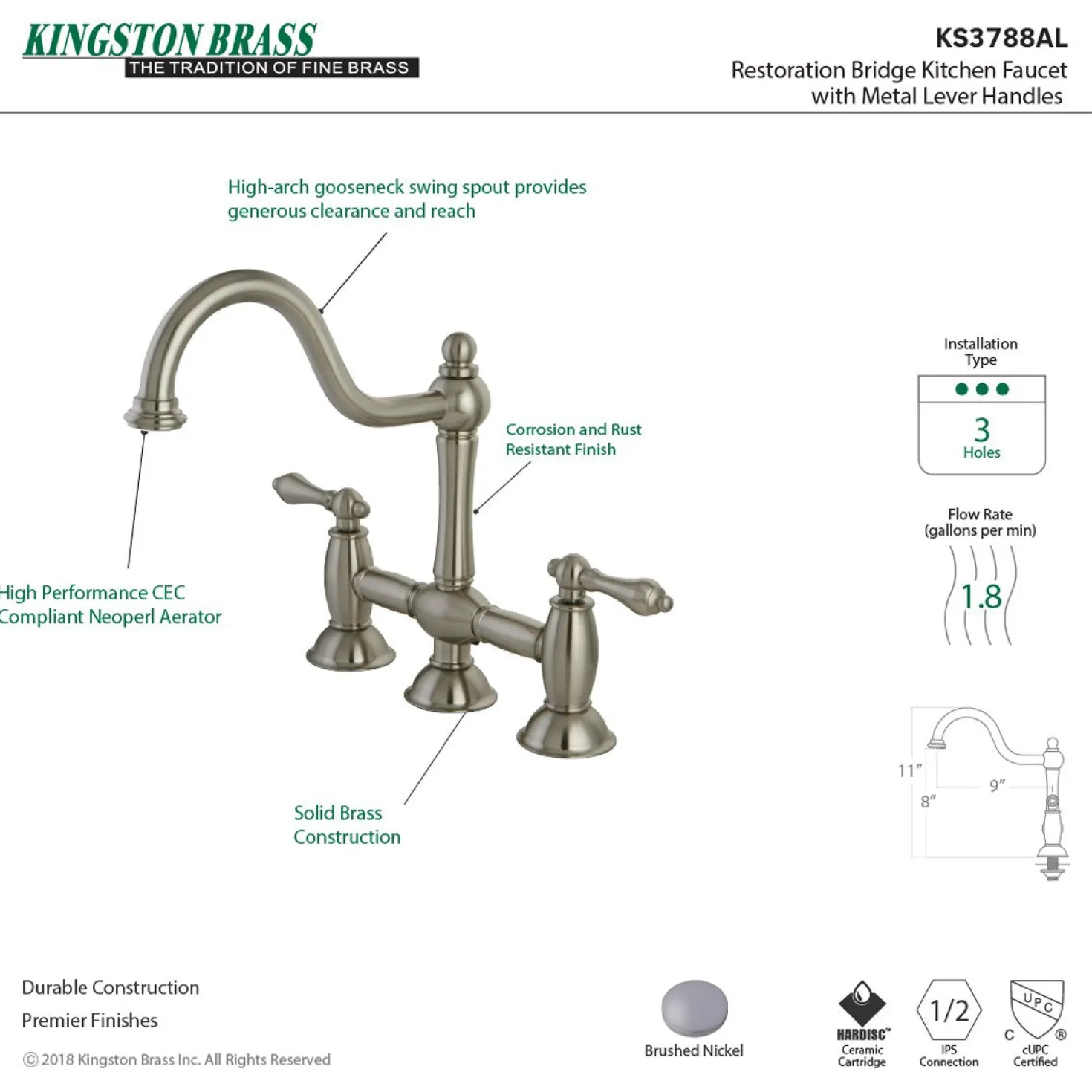 Kingston Brass Restoration Kitchen Bridge Faucet