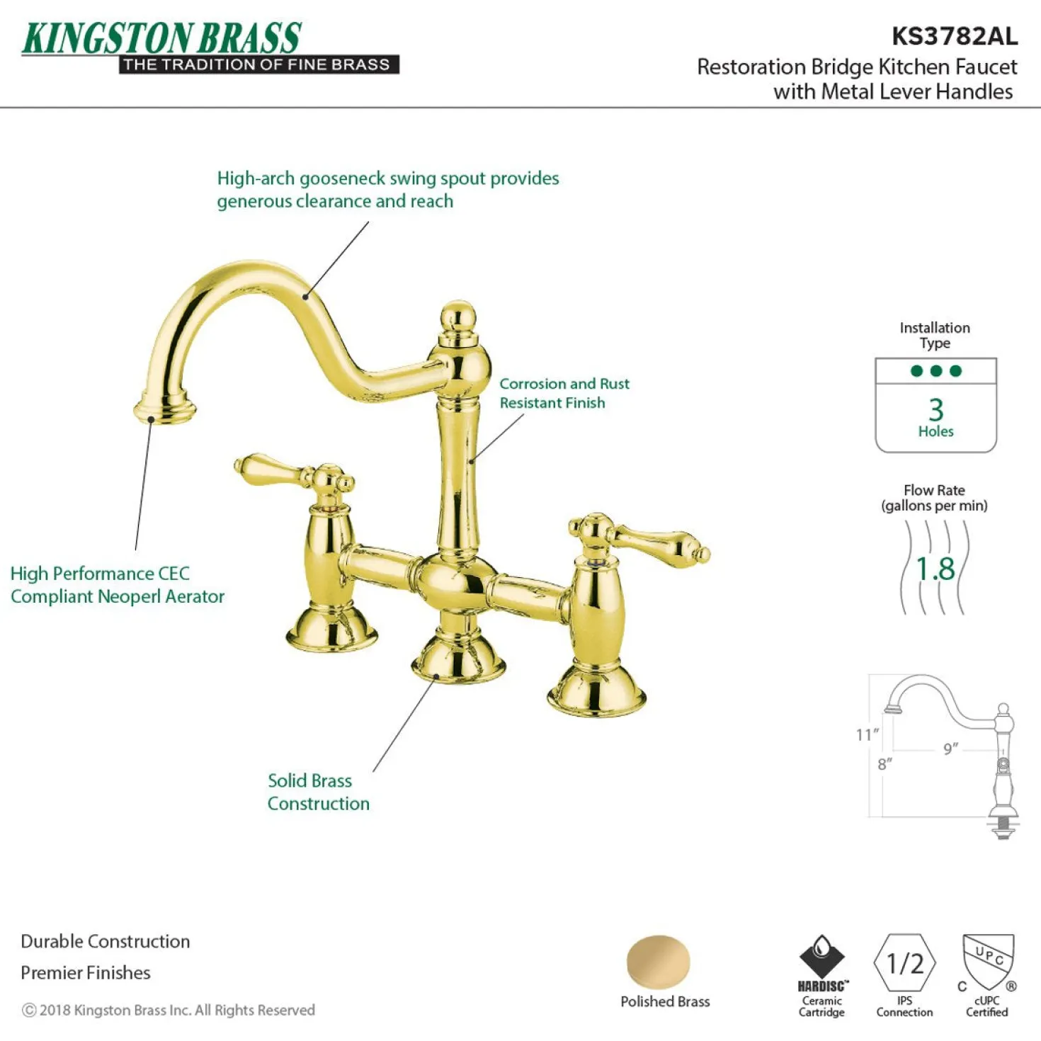 Kingston Brass Restoration Kitchen Bridge Faucet