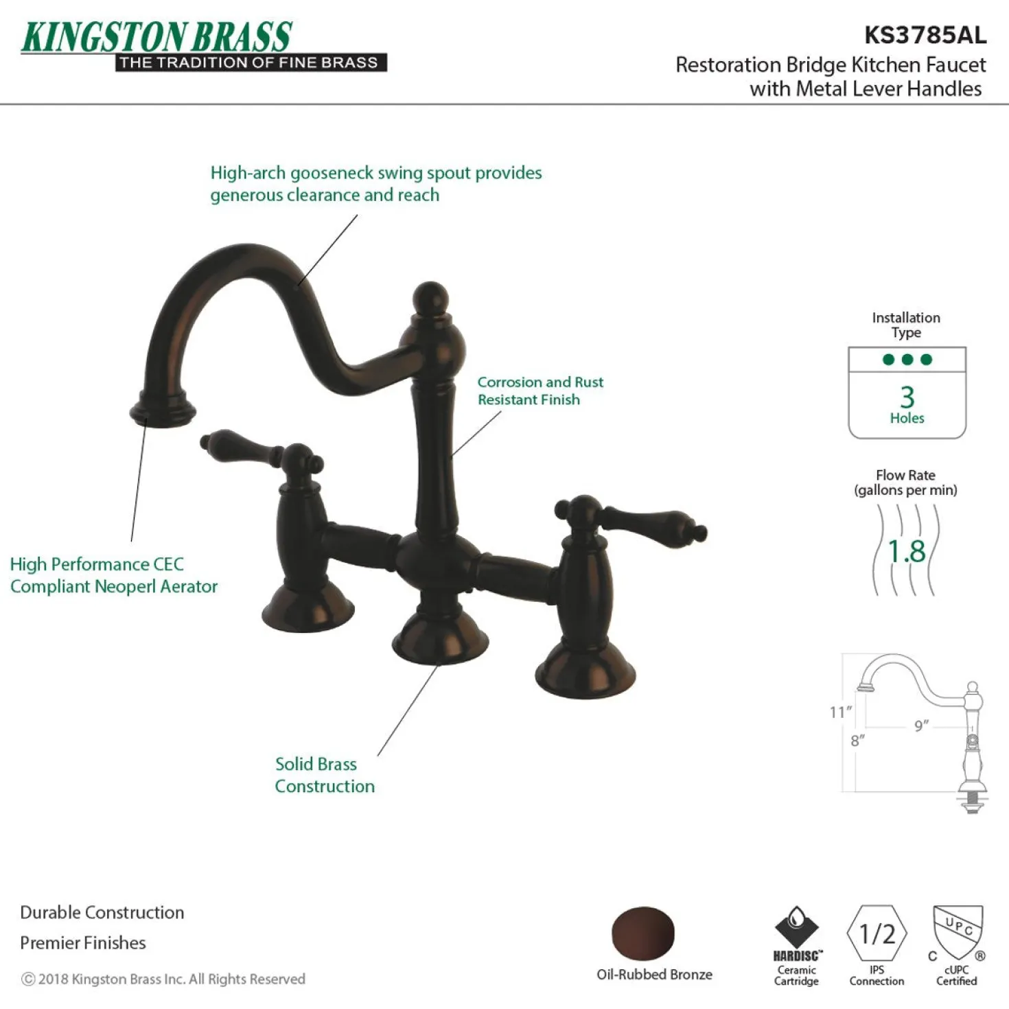 Kingston Brass Restoration Kitchen Bridge Faucet