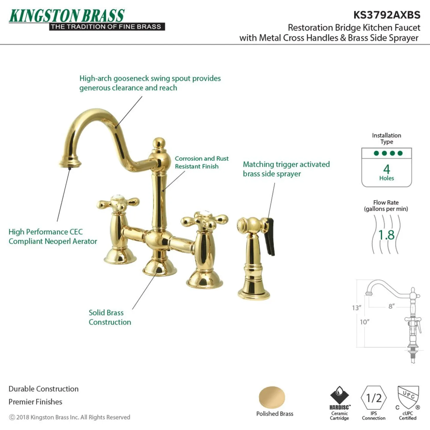 Kingston Brass Restoration Kitchen Bridge Faucet with Brass Sprayer
