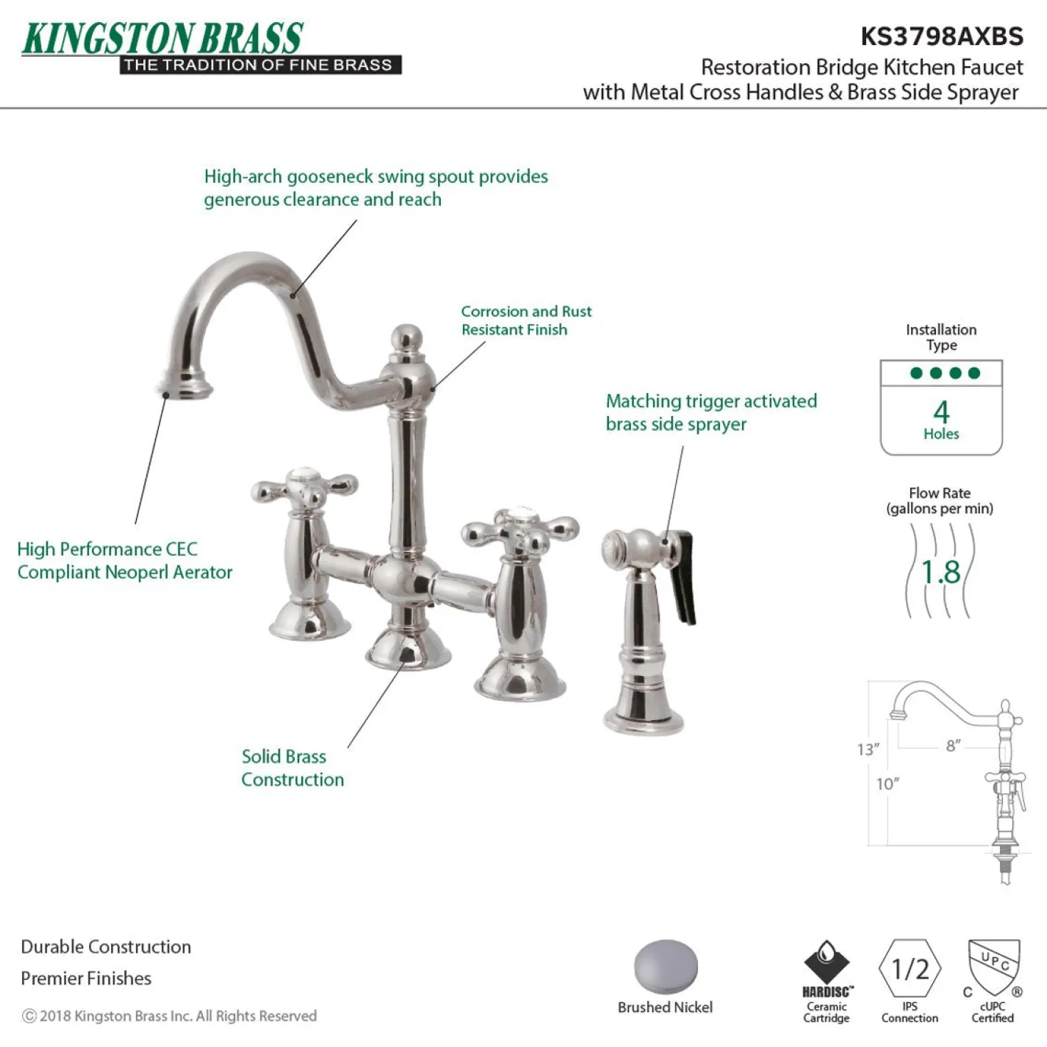 Kingston Brass Restoration Kitchen Bridge Faucet with Brass Sprayer
