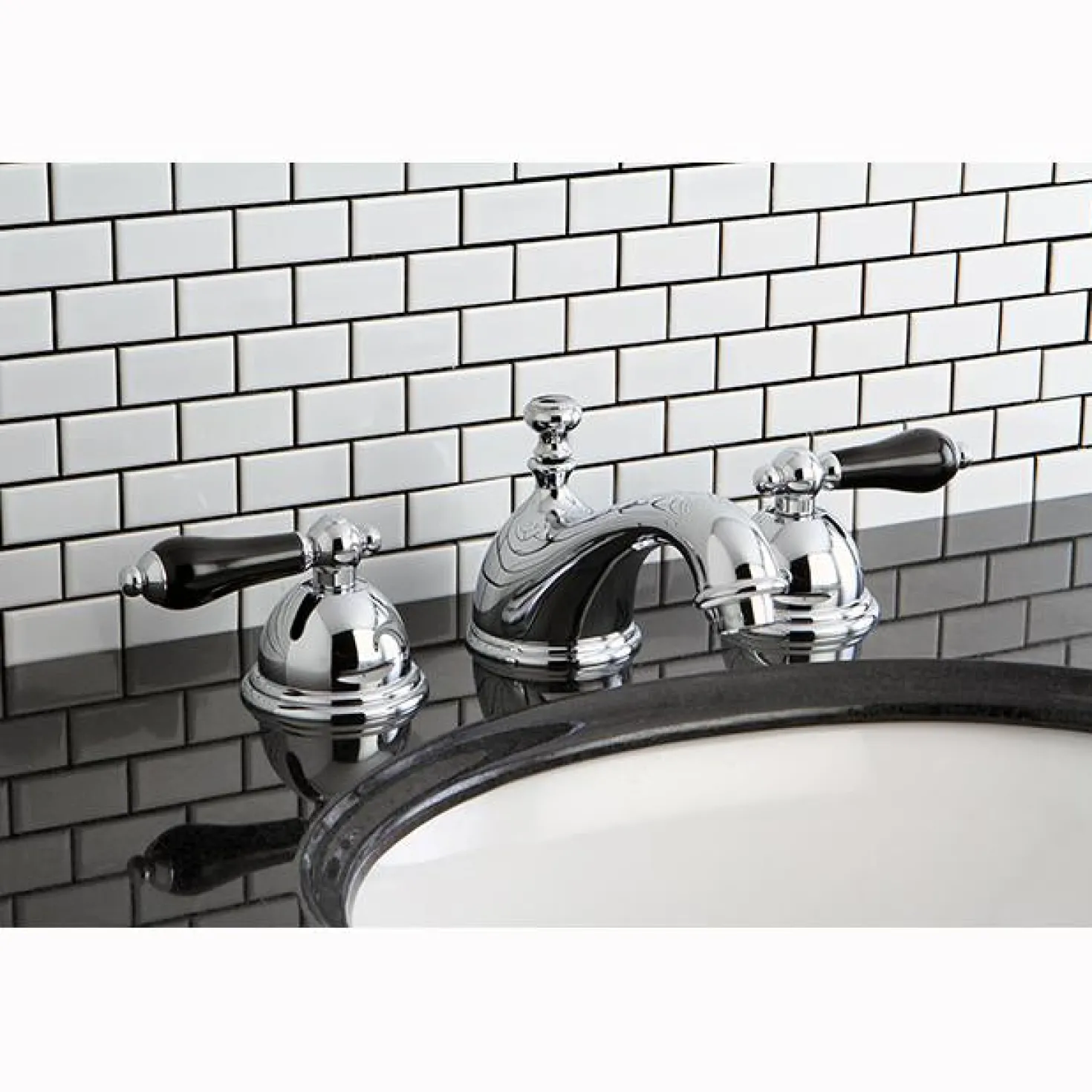 Kingston Brass Restoration Onyx Widespread Lavatory Faucet with Black Porcelain Lever Handle