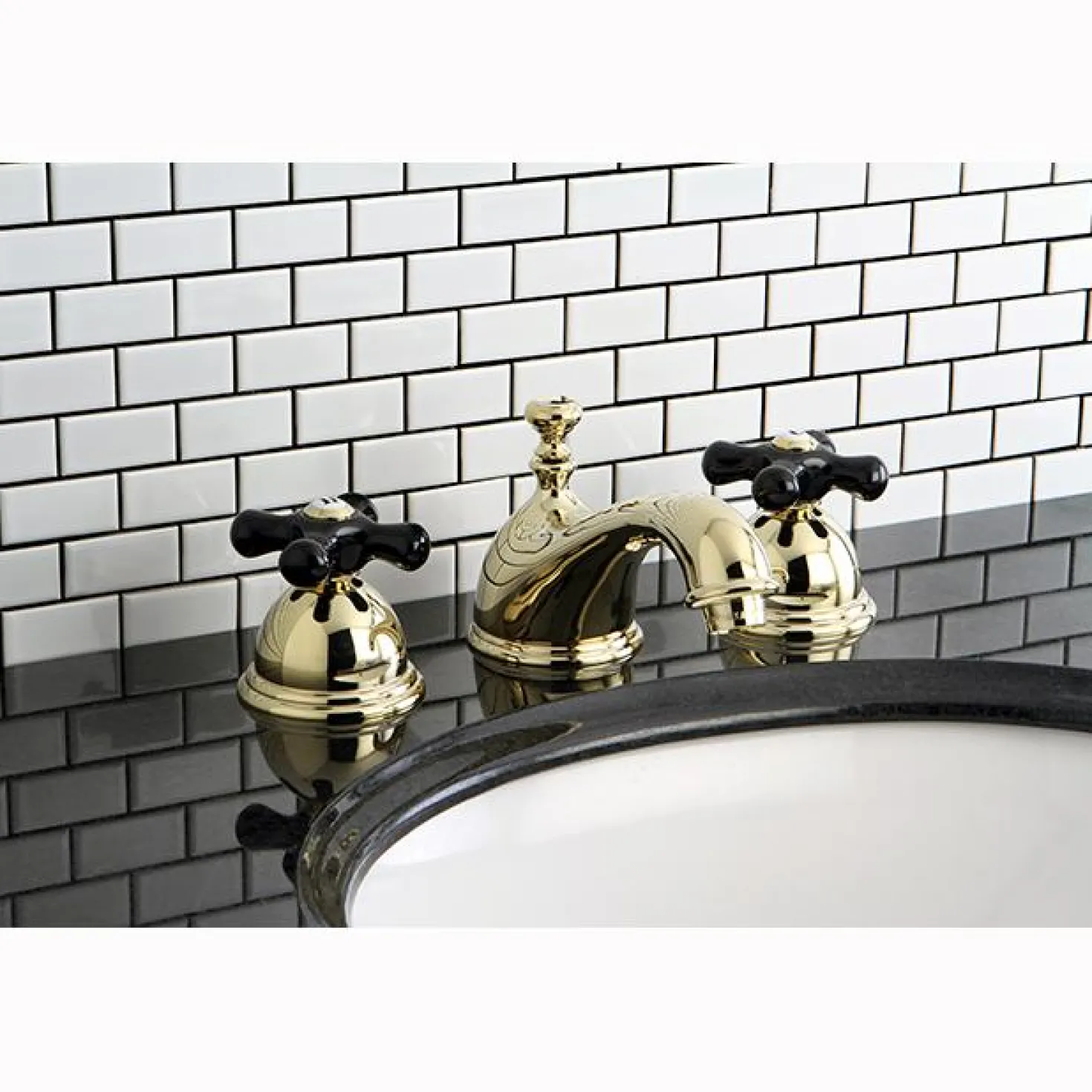 Kingston Brass Restoration Onyx Widespread Lavatory Faucet with Black Porcelain Cross Handle
