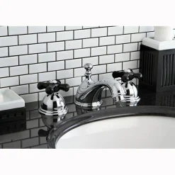 Kingston Brass Restoration Onyx Widespread Lavatory Faucet with Black Porcelain Cross Handle