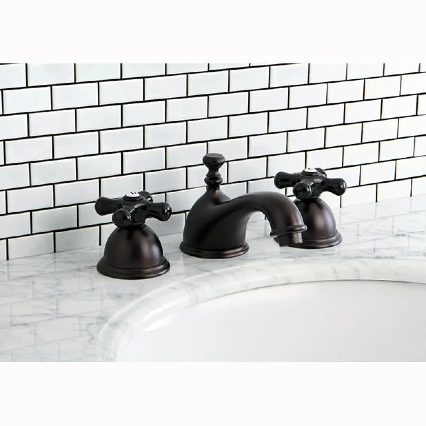 Kingston Brass Restoration Onyx Widespread Lavatory Faucet with Black Porcelain Cross Handle