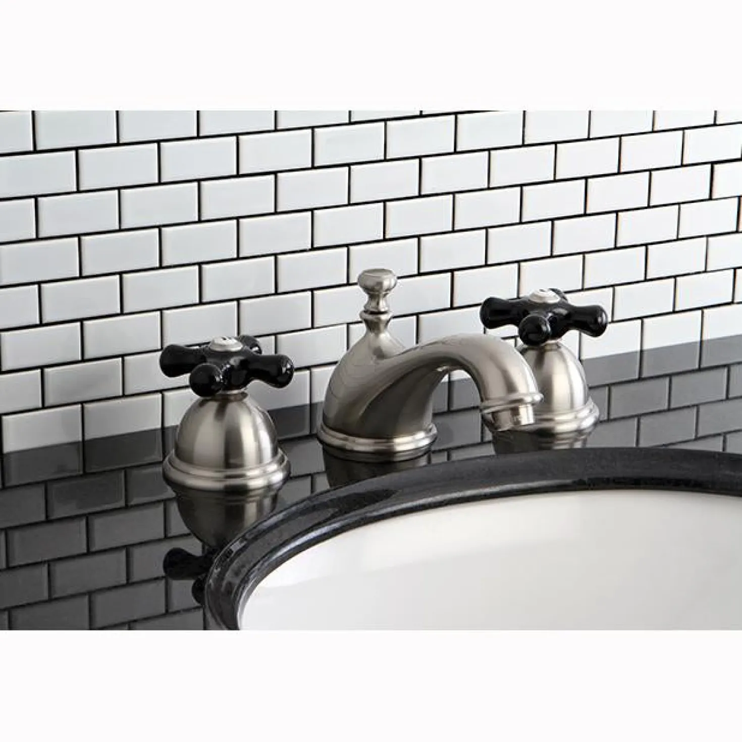 Kingston Brass Restoration Onyx Widespread Lavatory Faucet with Black Porcelain Cross Handle