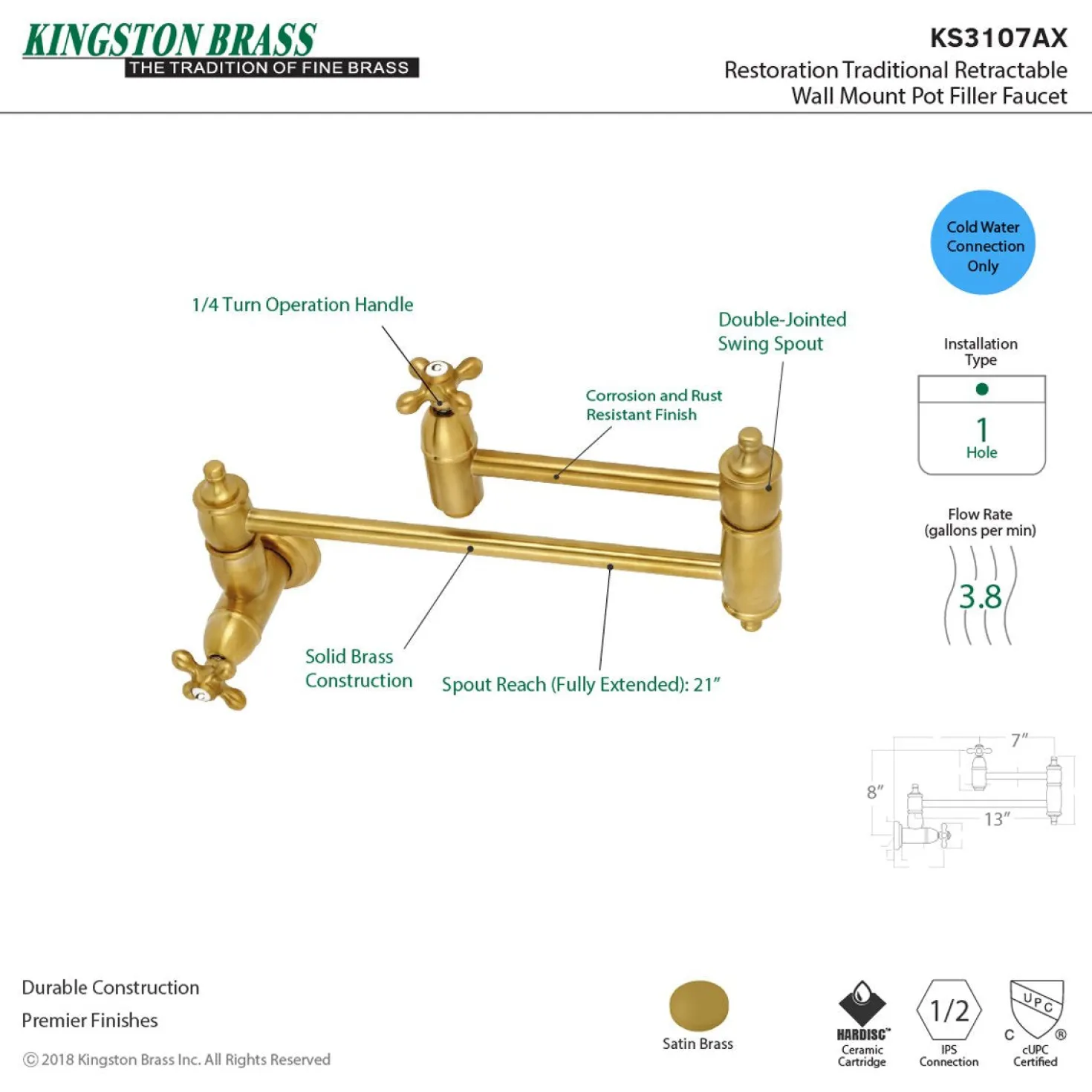 Kingston Brass Restoration Single Hole Wall Mount Pot Filler Kitchen Faucet