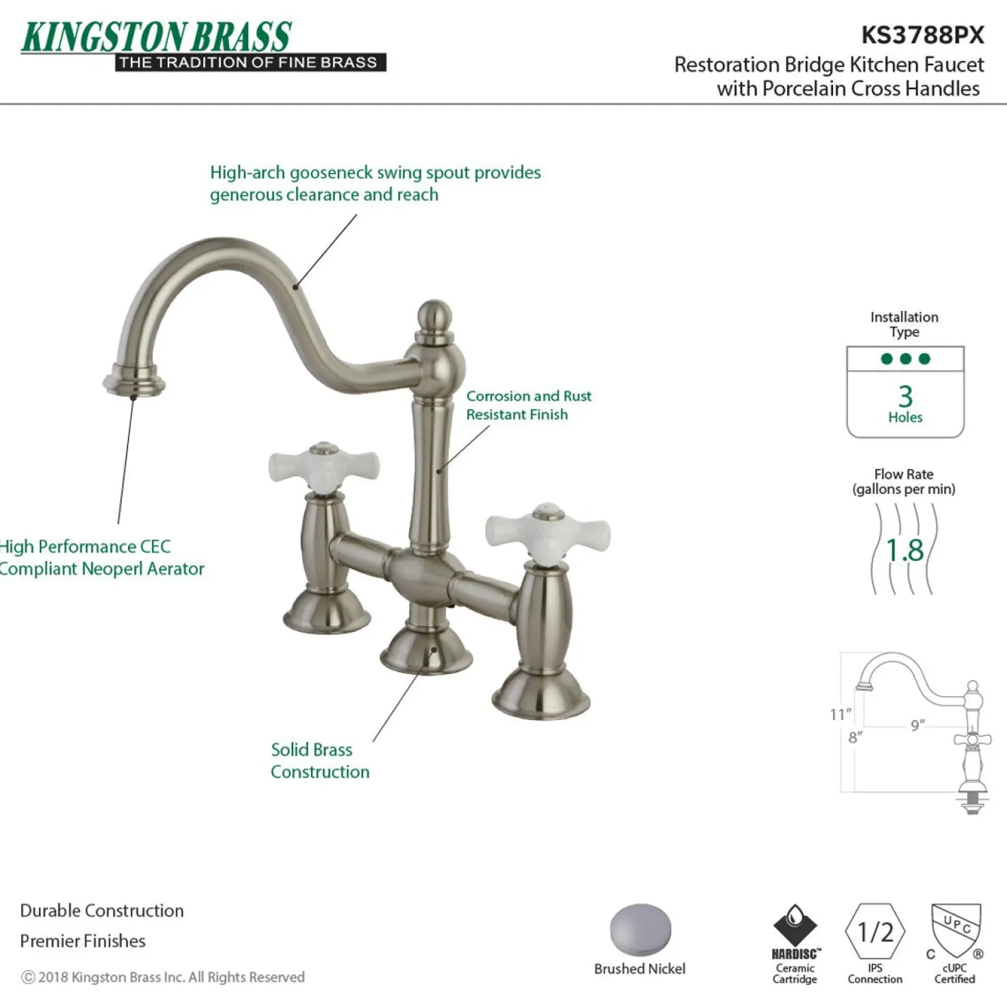 Kingston Brass Restoration Two-Handle Kitchen Bridge Faucet