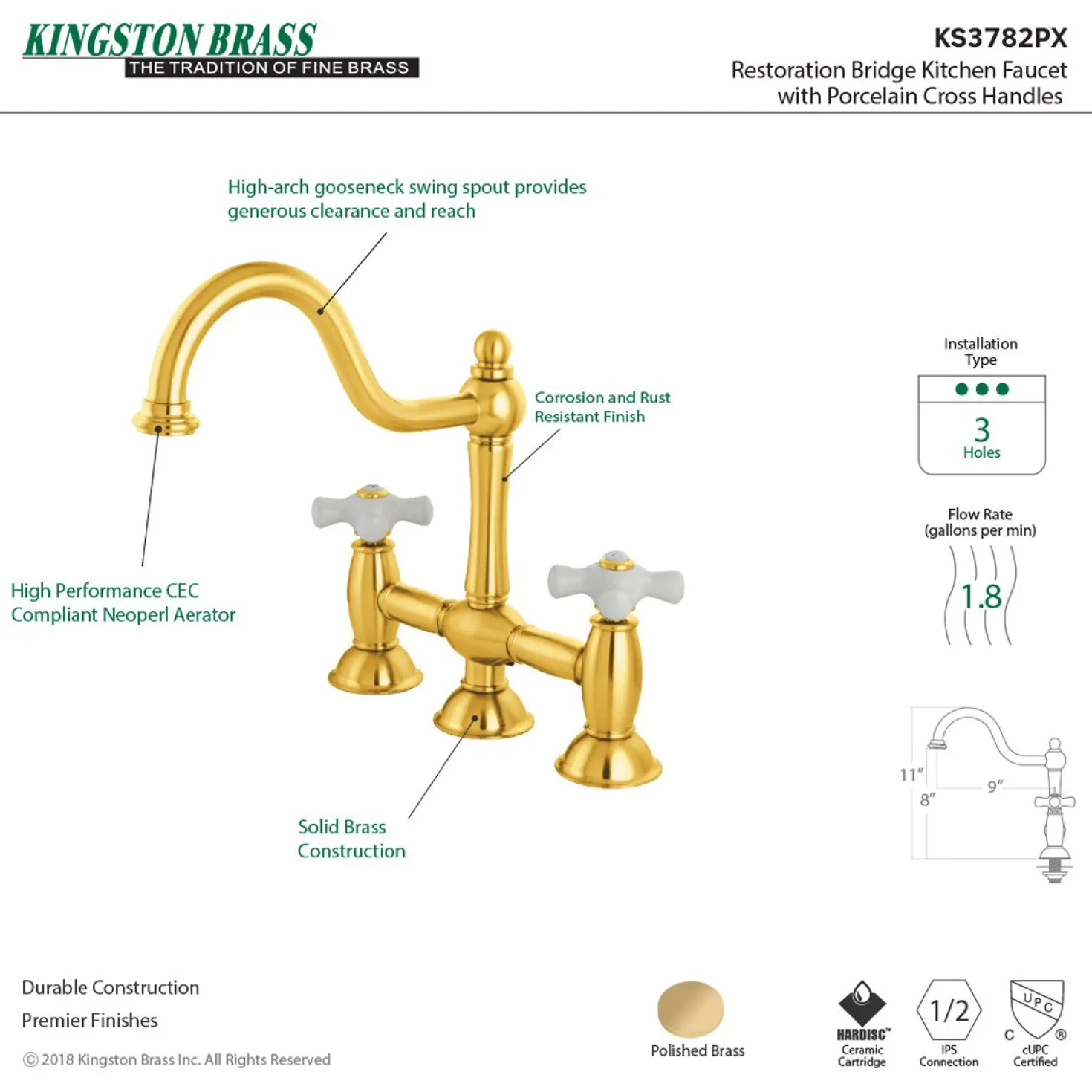 Kingston Brass Restoration Two-Handle Kitchen Bridge Faucet