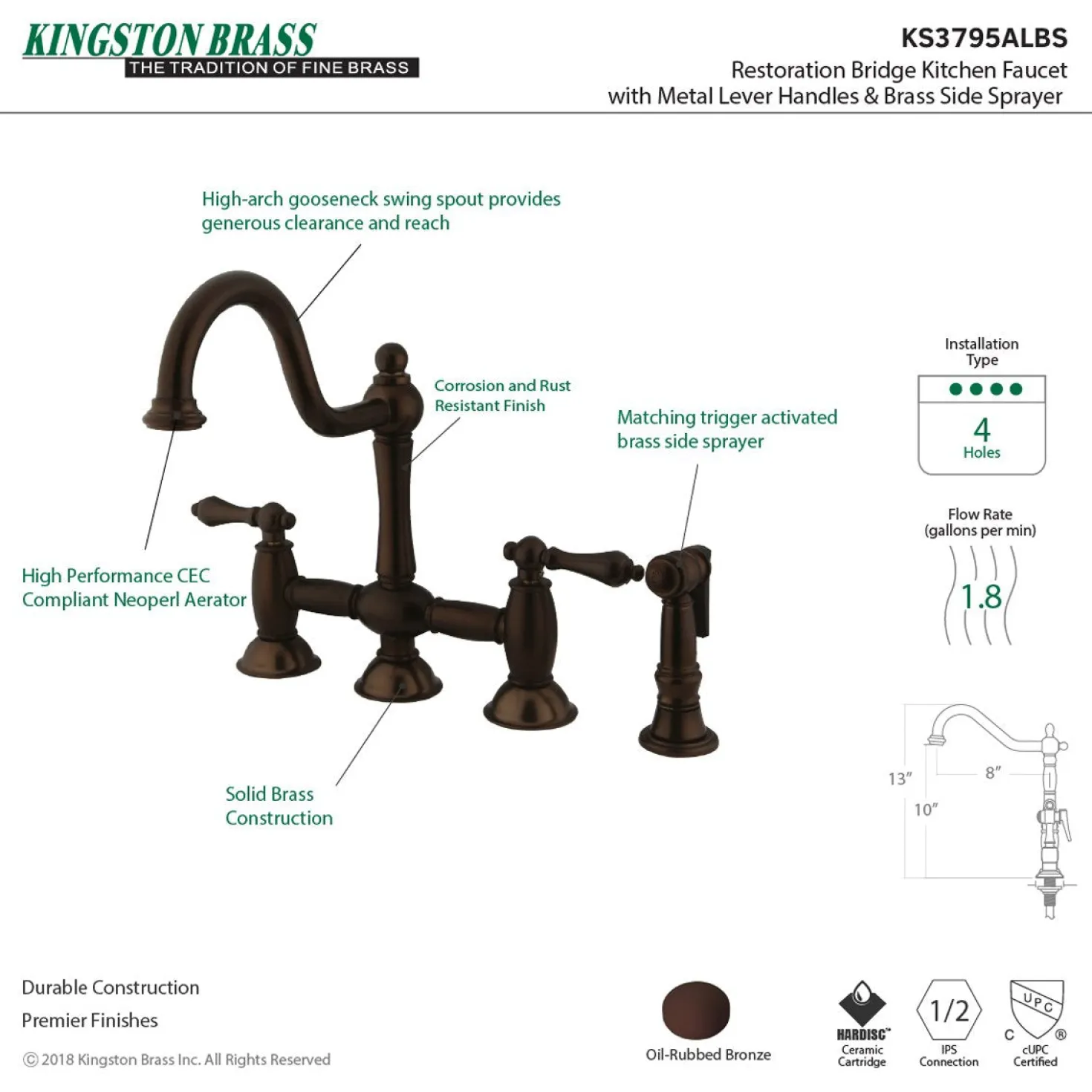 Kingston Brass Restoration Two-Handle Kitchen Bridge Faucet with Brass Sprayer