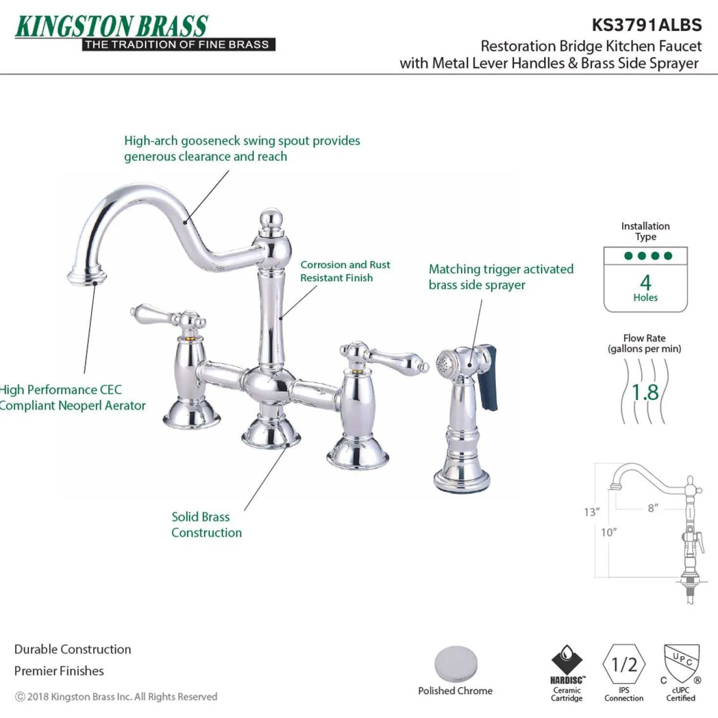 Kingston Brass Restoration Two-Handle Kitchen Bridge Faucet with Brass Sprayer