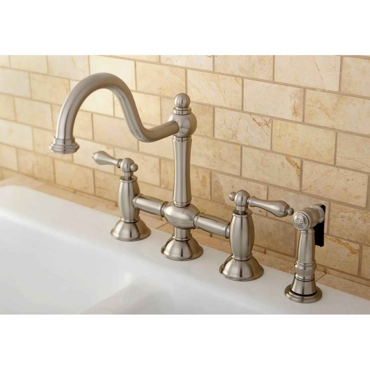 Kingston Brass Restoration Two-Handle Kitchen Bridge Faucet with Brass Sprayer