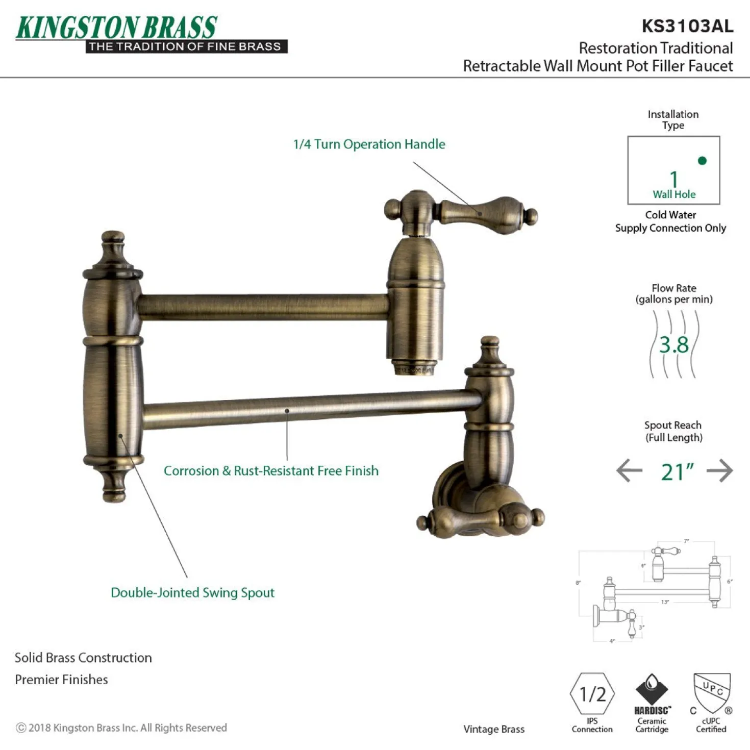 Kingston Brass Restoration Wall Mount Pot Filler Kitchen Faucet