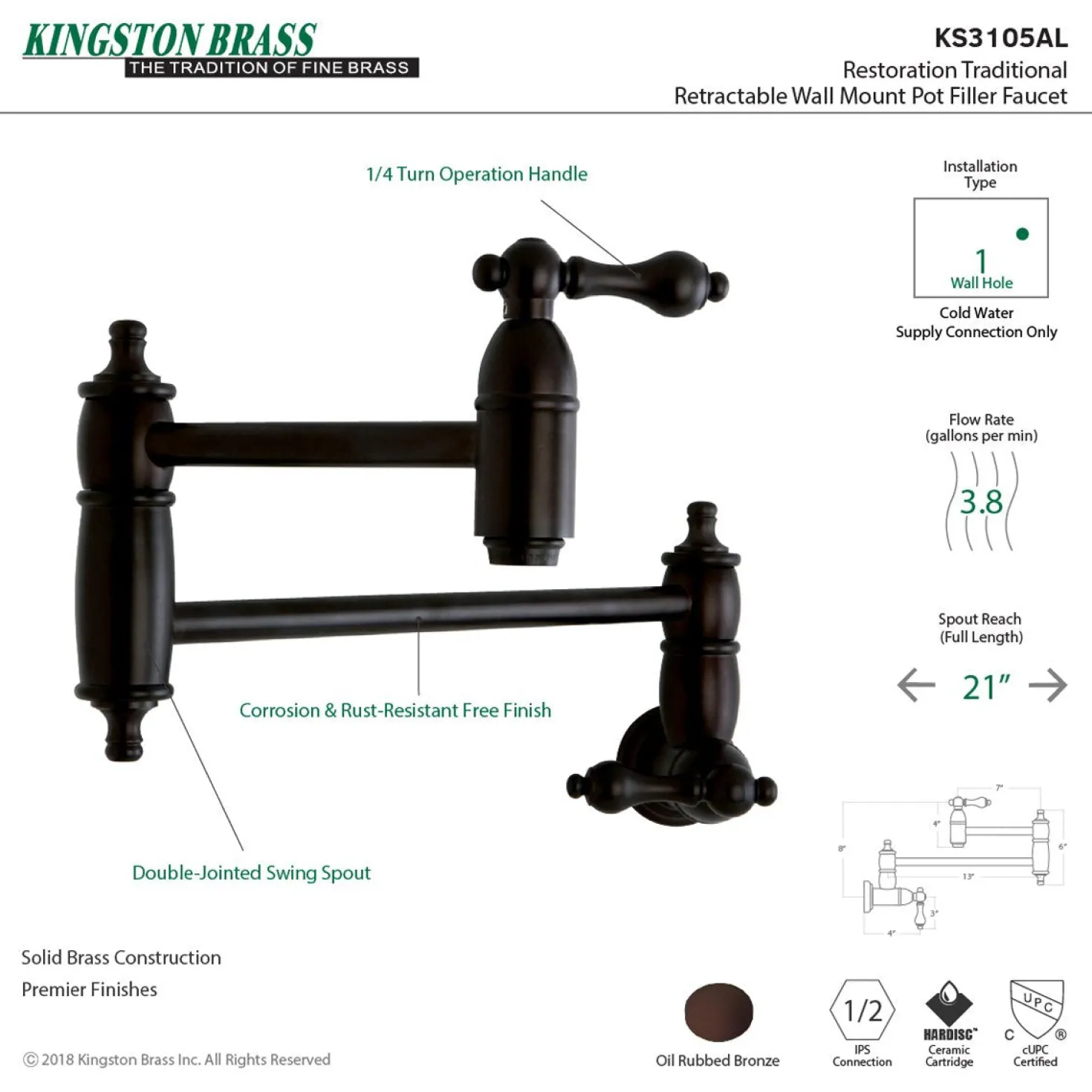 Kingston Brass Restoration Wall Mount Pot Filler Kitchen Faucet