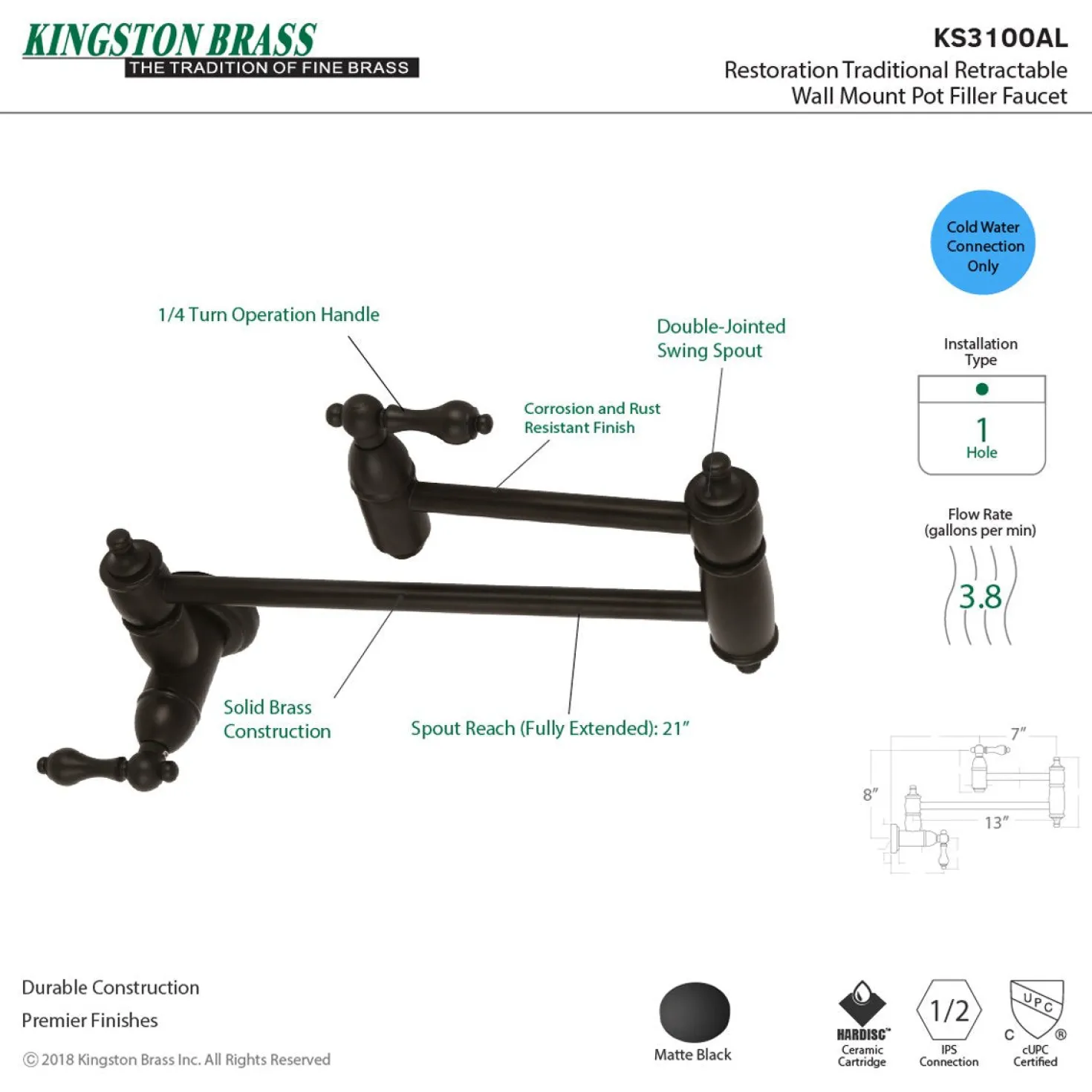 Kingston Brass Restoration Wall Mount Pot Filler Kitchen Faucet