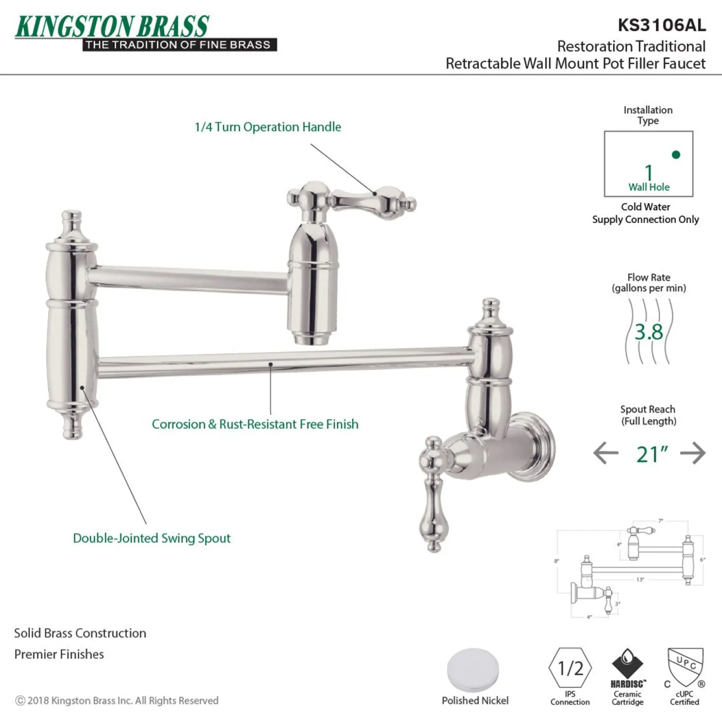 Kingston Brass Restoration Wall Mount Pot Filler Kitchen Faucet