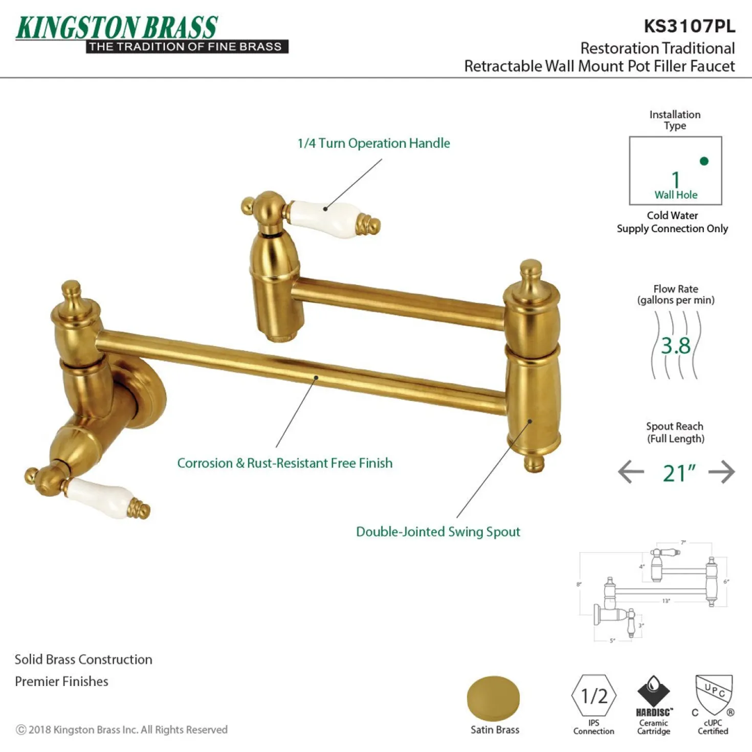 Kingston Brass Restoration Wall Mount Single Hole Pot Filler Kitchen Faucet
