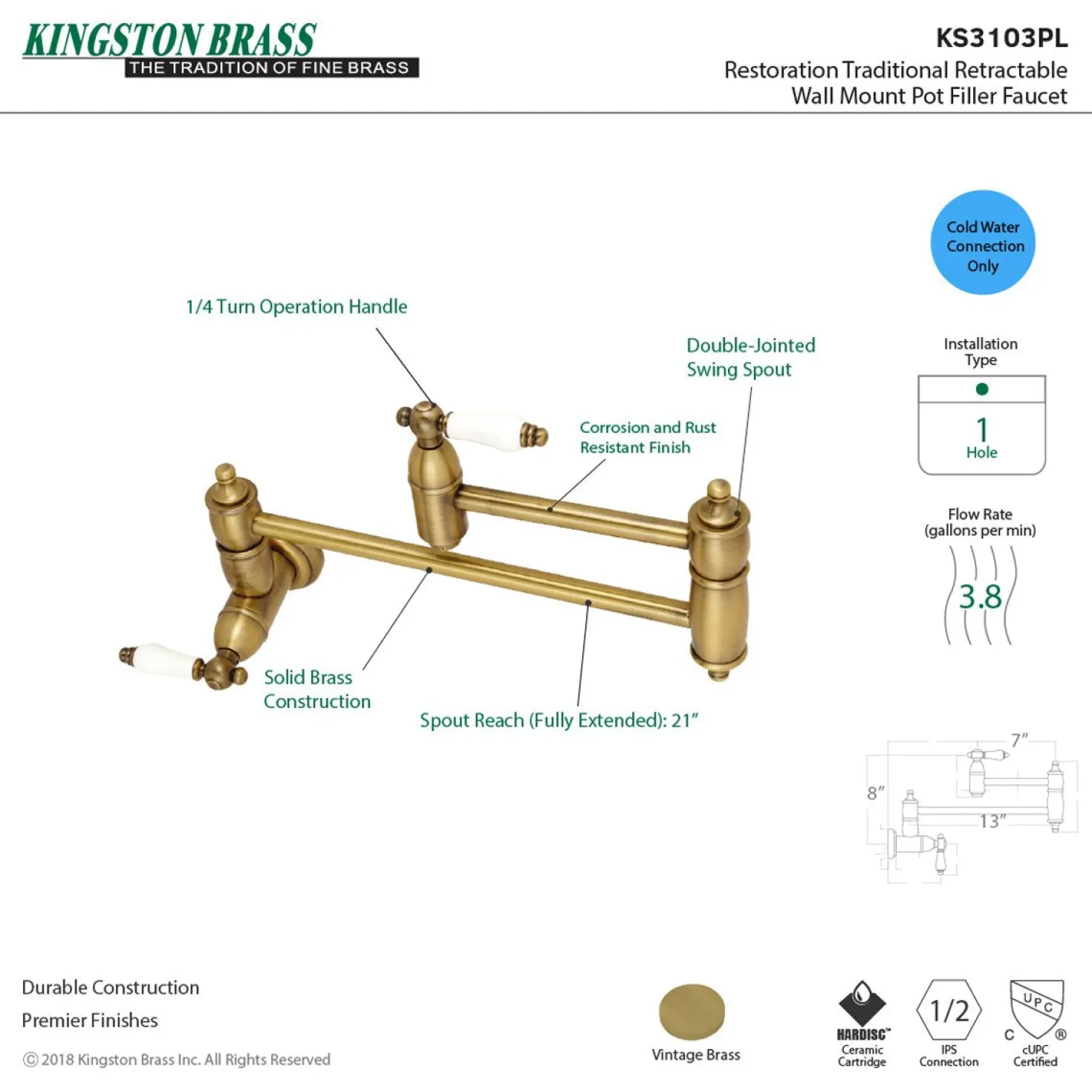 Kingston Brass Restoration Wall Mount Single Hole Pot Filler Kitchen Faucet