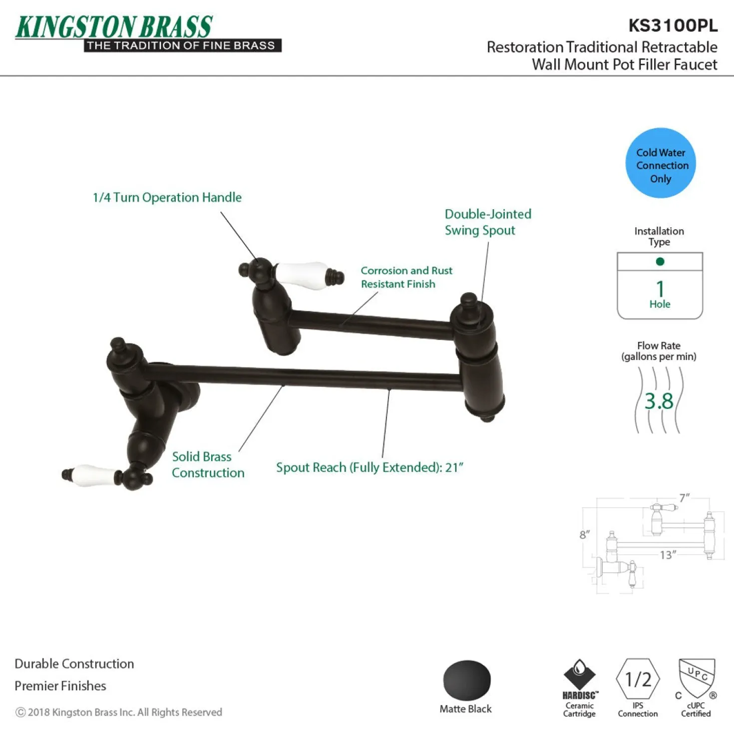 Kingston Brass Restoration Wall Mount Single Hole Pot Filler Kitchen Faucet