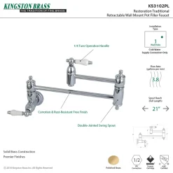 Kingston Brass Restoration Wall Mount Single Hole Pot Filler Kitchen Faucet