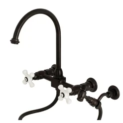 Kingston Brass Restoration Wall Mount 8" Centerset Kitchen Faucet with Brass Sprayer
