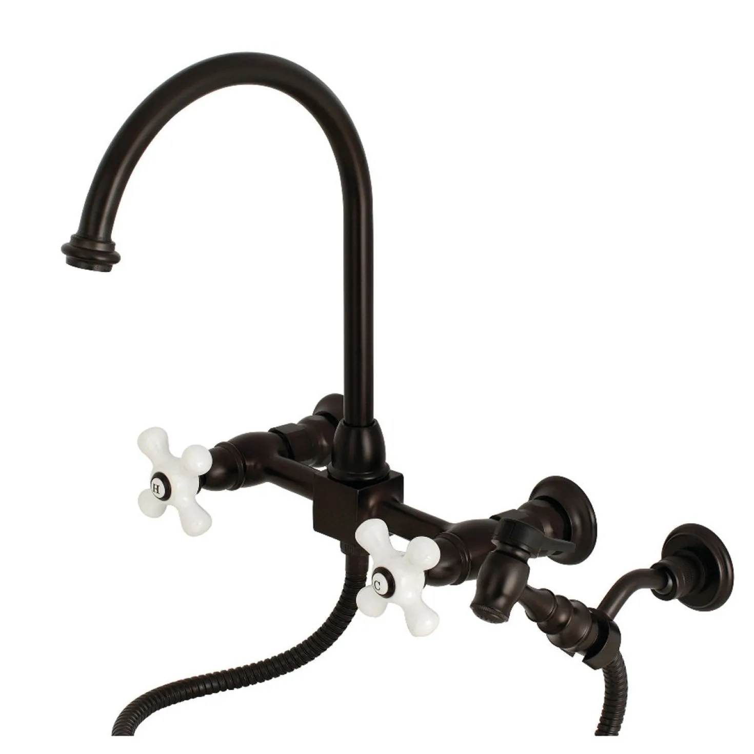 Kingston Brass Restoration Wall Mount 8" Centerset Kitchen Faucet with Brass Sprayer