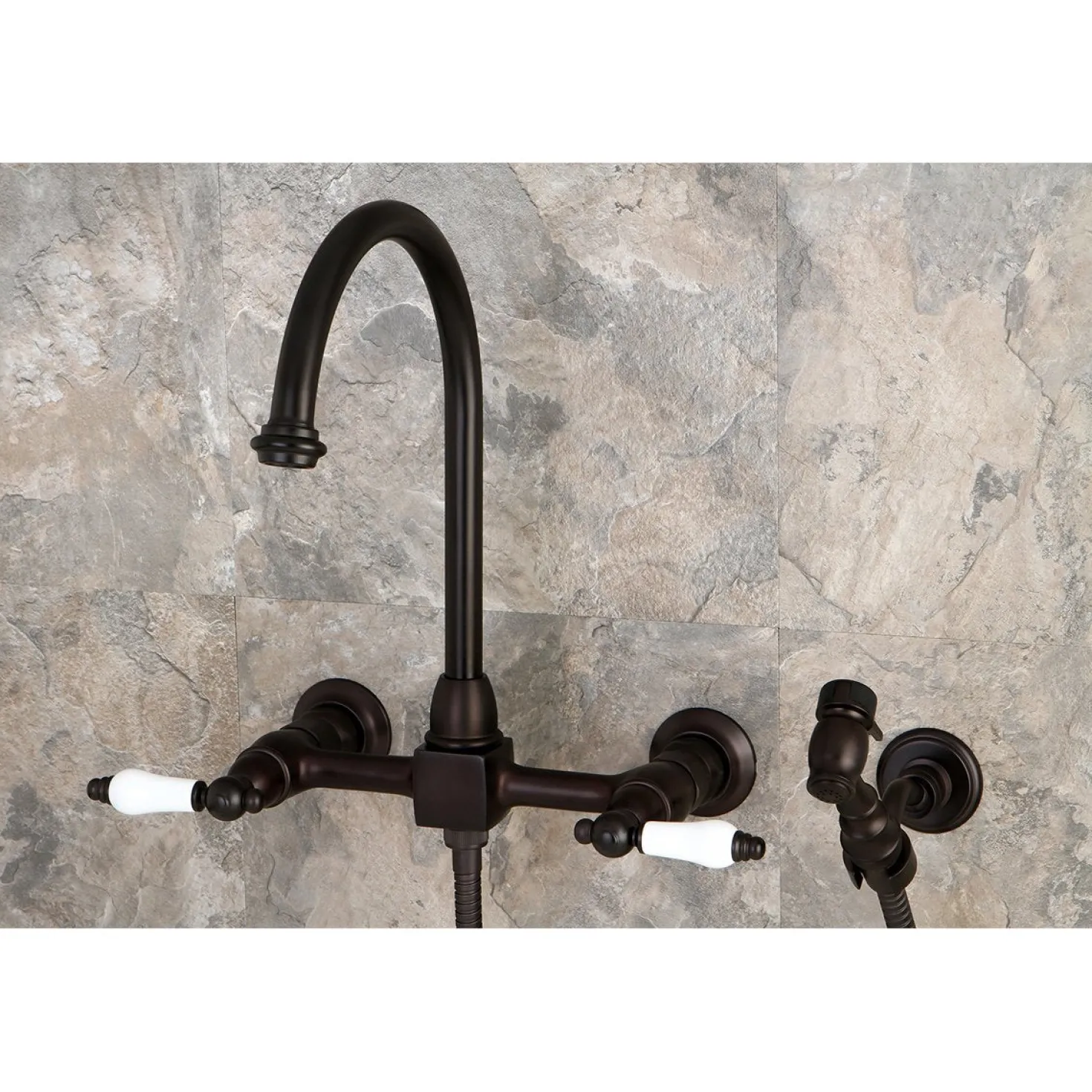 Kingston Brass Restoration Wall Mount 8-Inch Centerset Kitchen Faucet with Brass Sprayer