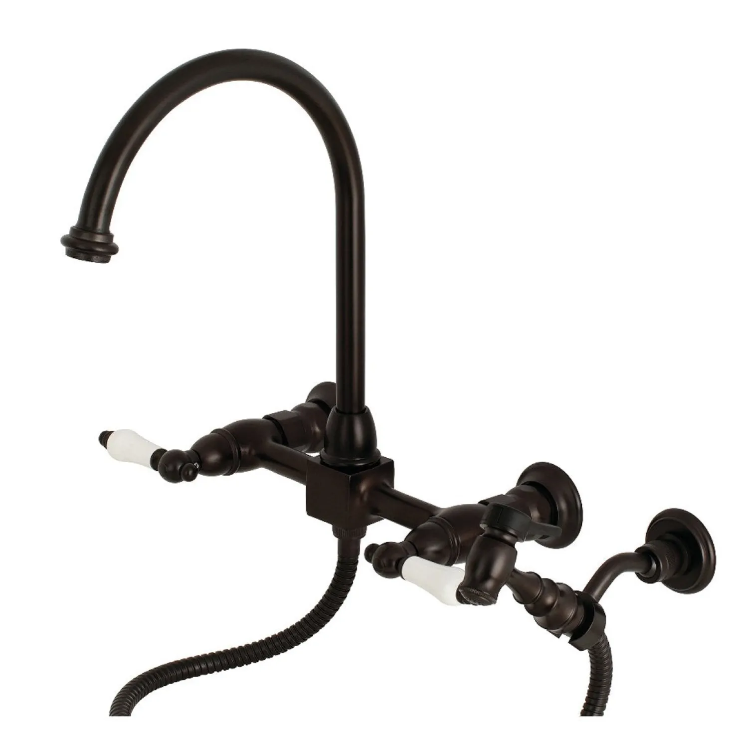 Kingston Brass Restoration Wall Mount 8-Inch Centerset Kitchen Faucet with Brass Sprayer
