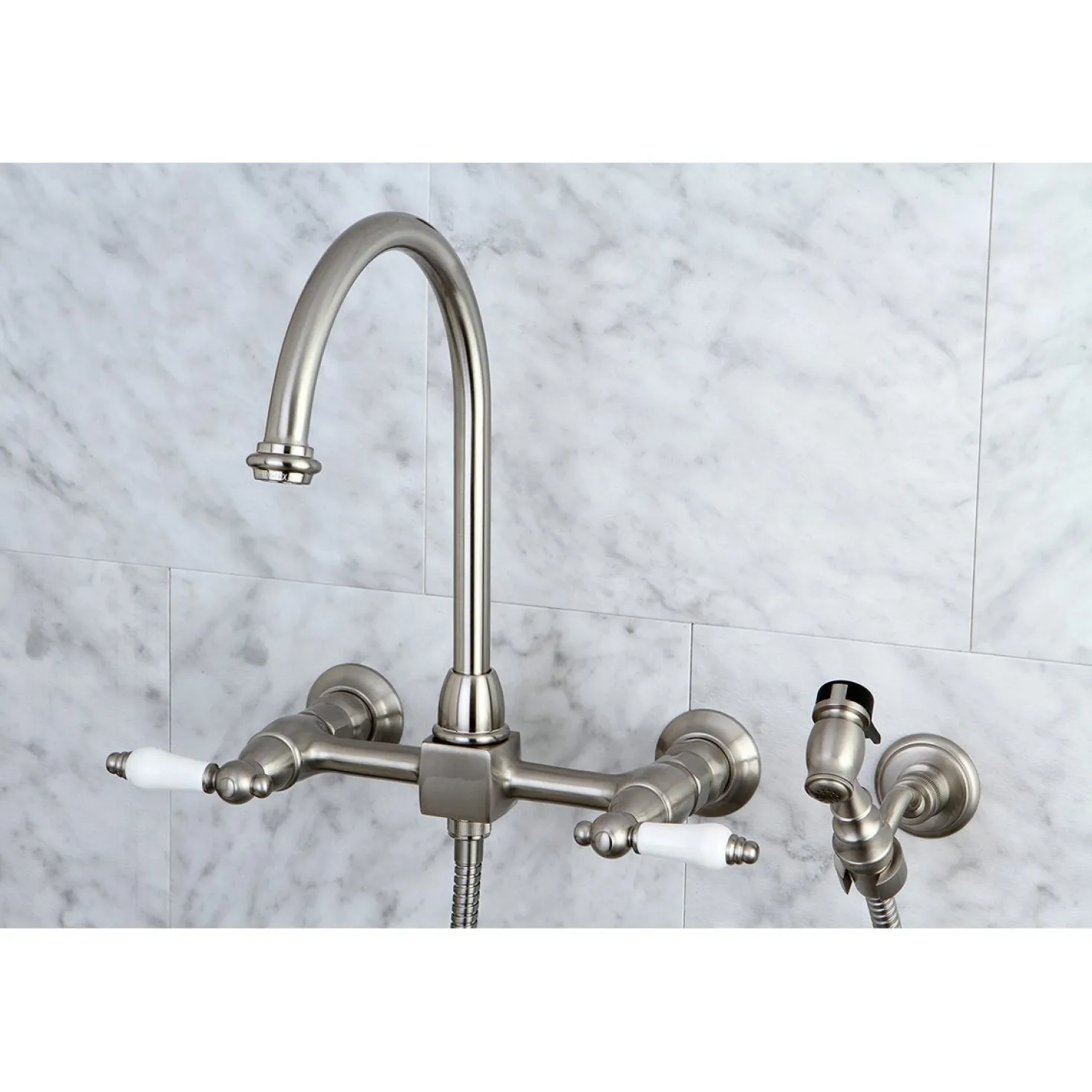 Kingston Brass Restoration Wall Mount 8-Inch Centerset Kitchen Faucet with Brass Sprayer