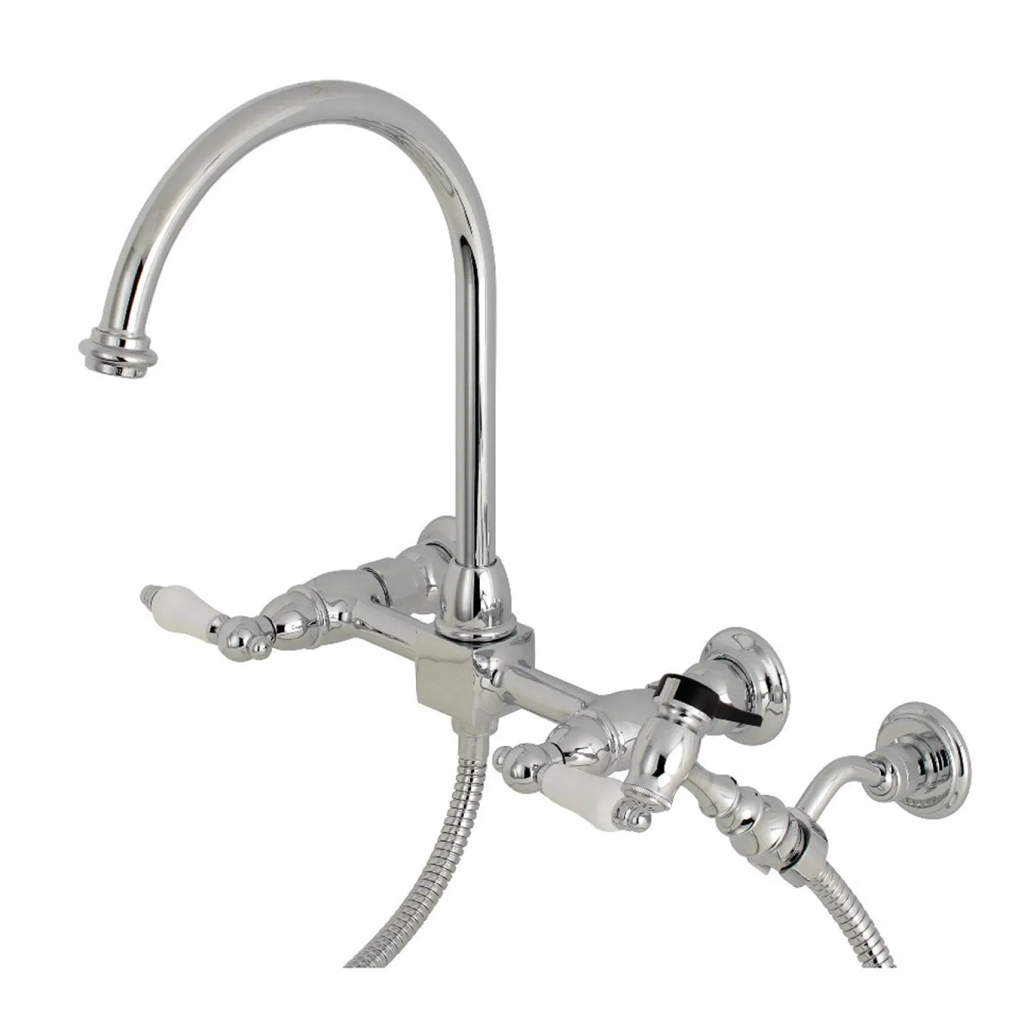Kingston Brass Restoration Wall Mount 8-Inch Centerset Kitchen Faucet with Brass Sprayer