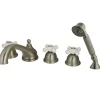 Kingston Brass Royale Three Handle Satin Nickel Roman Tub Filler with Hand Shower