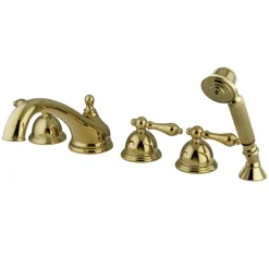 Kingston Brass Royale Three Handle Roman Tub Filler with Hand Shower in Polished Brass