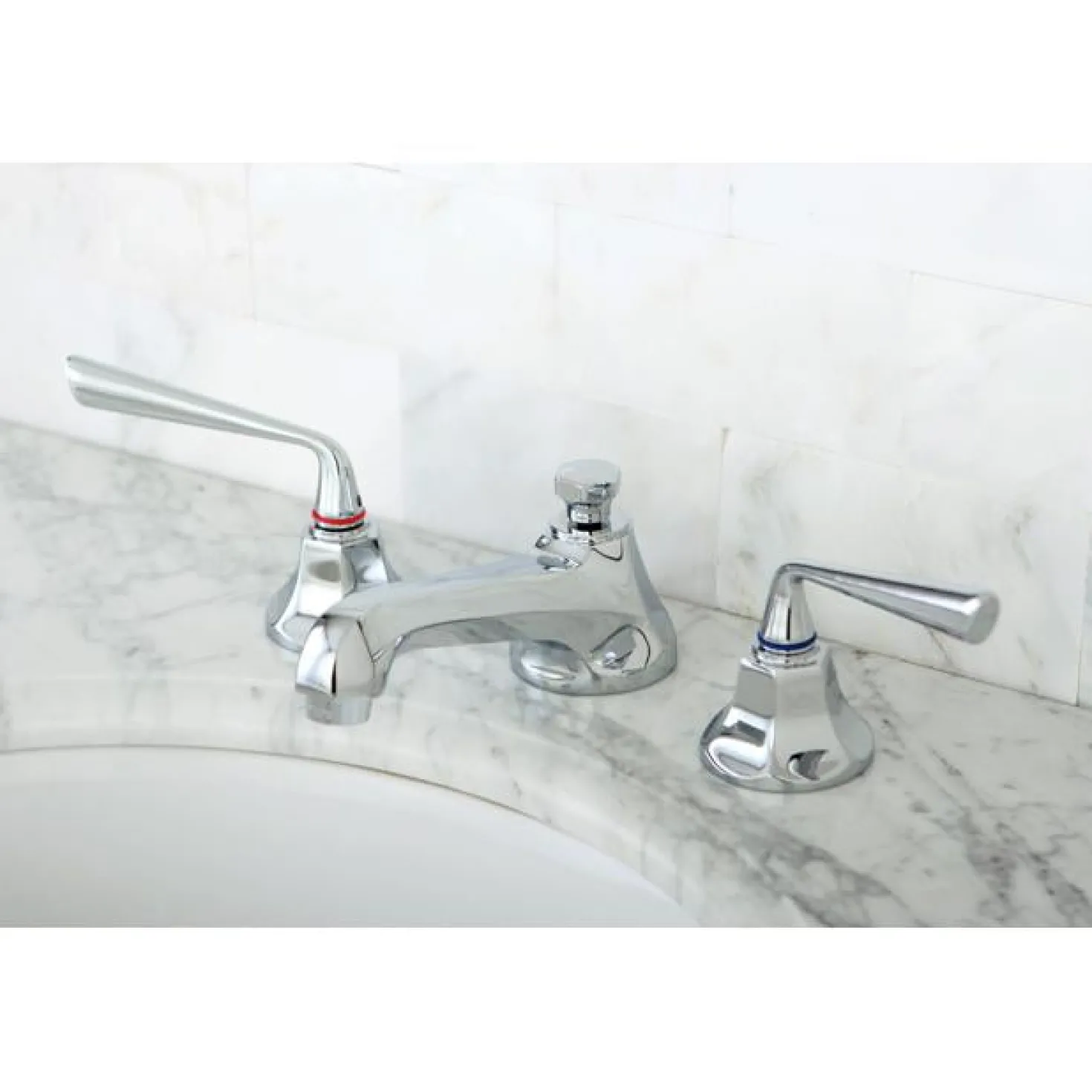 Kingston Brass Silver Sage Two Handle Three Hole 8" to 16" Widespread Lavatory Faucet with Brass Pop-up