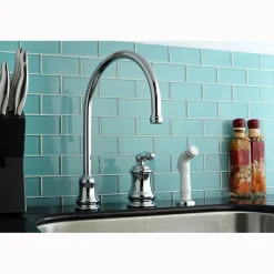 Kingston Brass Single Handle Widespread Kitchen Faucet with Non-Metallic Sprayer and Metal Lever Handle