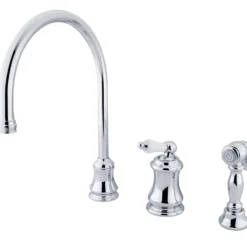 Kingston Brass Single Handle Widespread Kitchen Faucet with Brass Sprayer and Porcelain Lever Handle