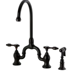 Kingston Brass Tudor Bridge Deck Mount Kitchen Faucet with Brass Sprayer