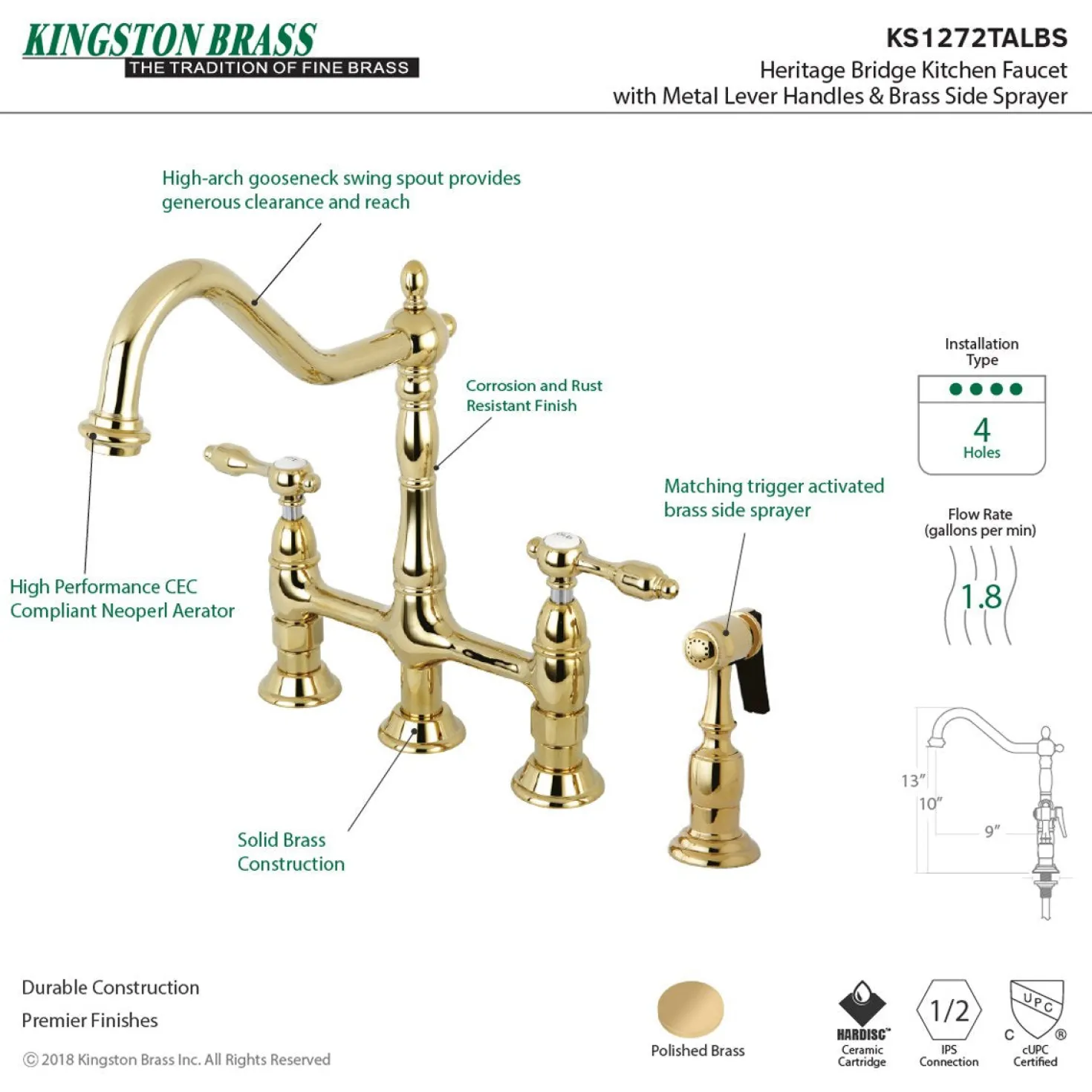 Kingston Brass Tudor Bridge Kitchen Faucet with Brass Sprayer