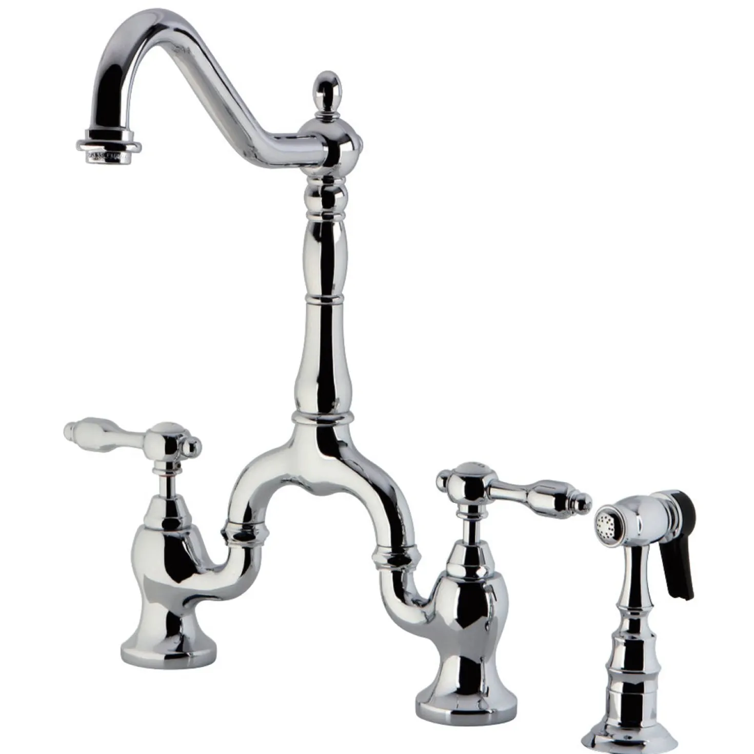 Kingston Brass Tudor Deck Mount Bridge Kitchen Faucet with Brass Sprayer