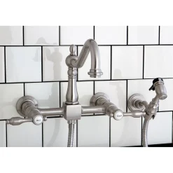 Kingston Brass Tudor 8-Inch Centerset Wall Mount Kitchen Faucet with Brass Sprayer