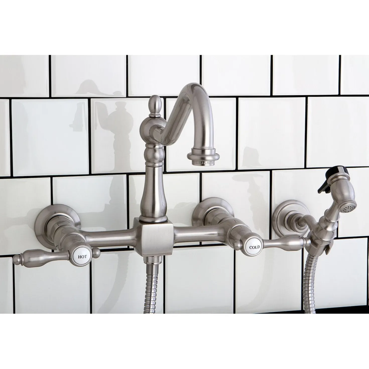 Kingston Brass Tudor 8-Inch Centerset Wall Mount Kitchen Faucet with Brass Sprayer