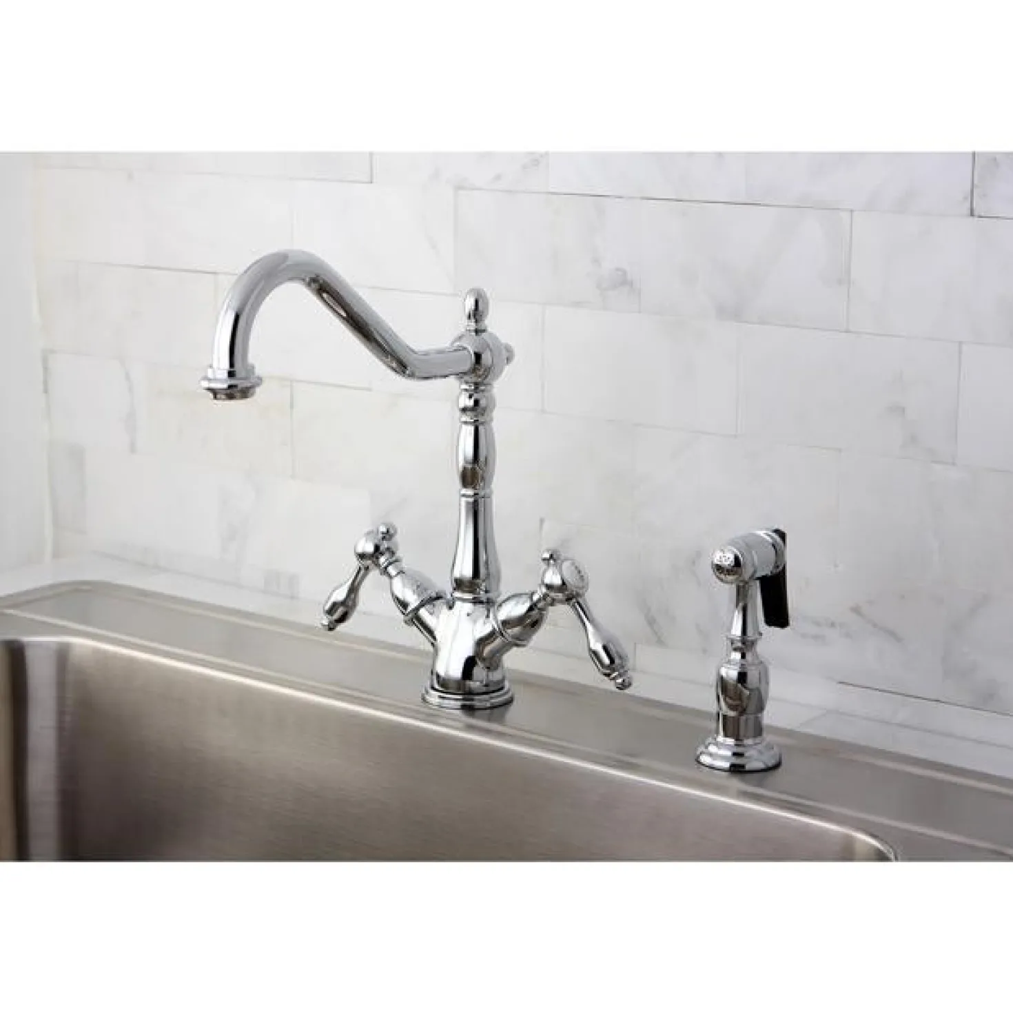 Kingston Brass Tudor Mono Deck Mount Kitchen Faucet with Brass Sprayer