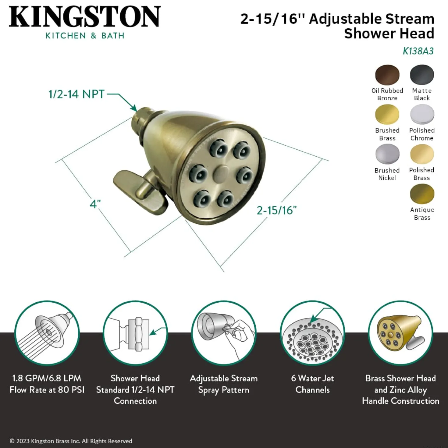 Kingston Brass Victorian Adjustable 3" - 6 Jet Spray Shower Head