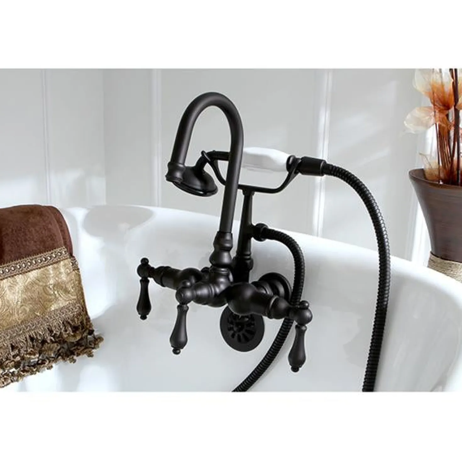 Kingston Brass Vintage 3-3/8" Centers Wall Mount Clawfoot Tub Filler Faucet with Hand Shower