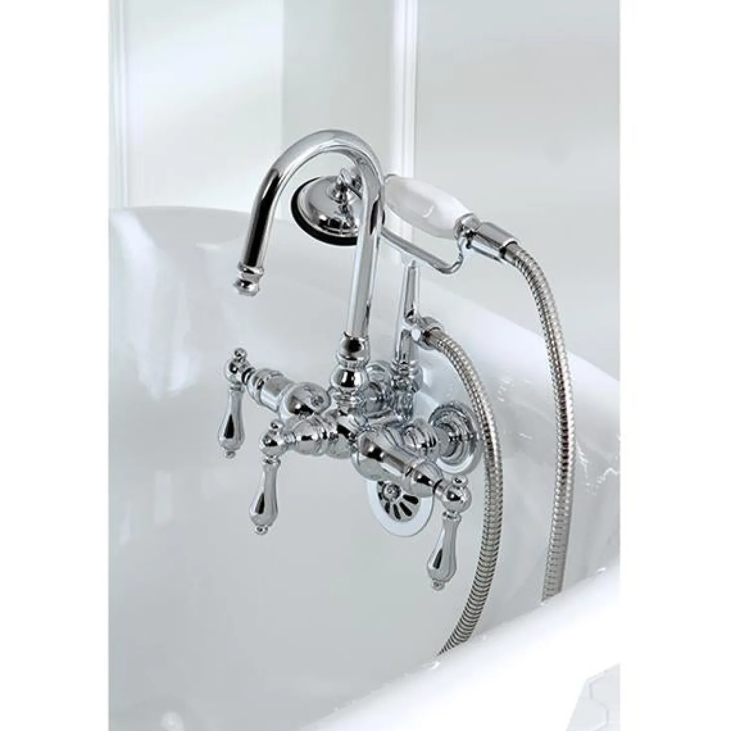 Kingston Brass Vintage 3-3/8" Centers Wall Mount Clawfoot Tub Filler Faucet with Hand Shower