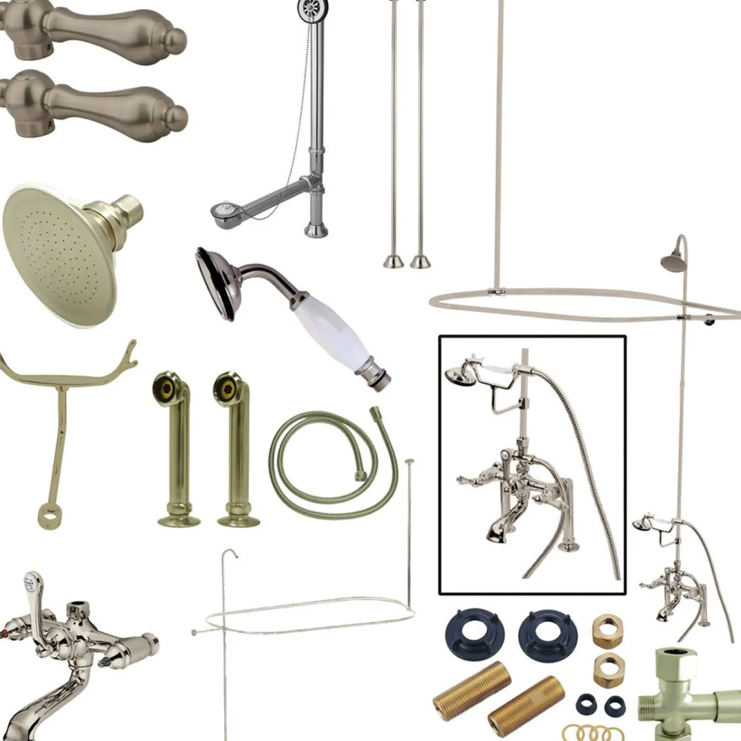 Kingston Brass Vintage Deck Mount 7" Center Clawfoot Tub Fixture with Shower Riser Package in Satin Nickel