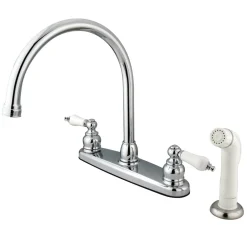 Kingston Brass Vintage Double Handle Goose Neck Kitchen Faucet with White Sprayer