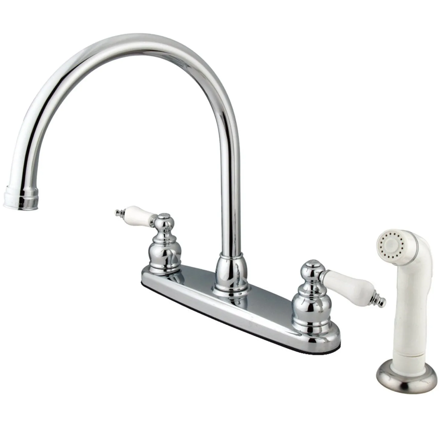 Kingston Brass Vintage Double Handle Goose Neck Kitchen Faucet with White Sprayer