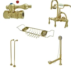 Kingston Brass Vintage Gooseneck Tub Mount Clawfoot Tub Filler with Shower Mixer Package in Polished Brass