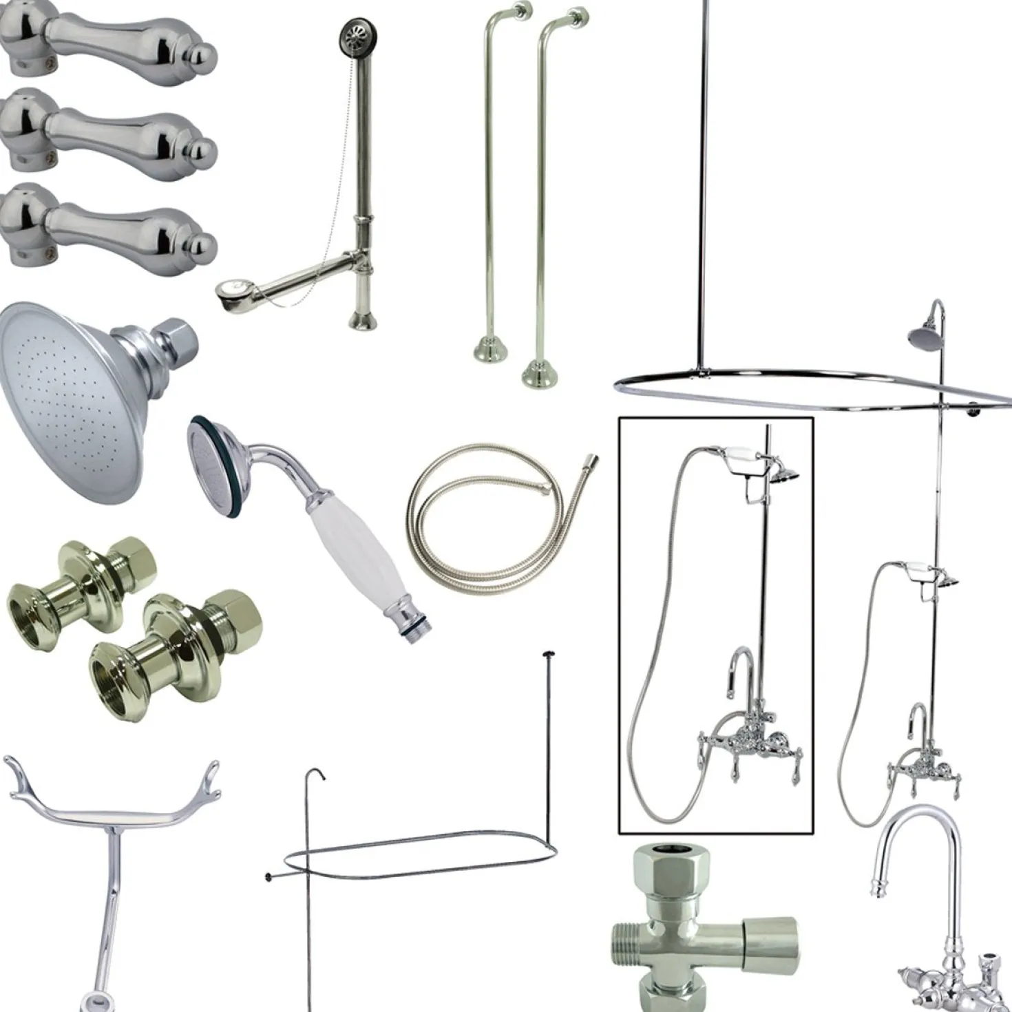 Kingston Brass Vintage High Rise Gooseneck Clawfoot Tub and Shower Package with Metal Lever Handles