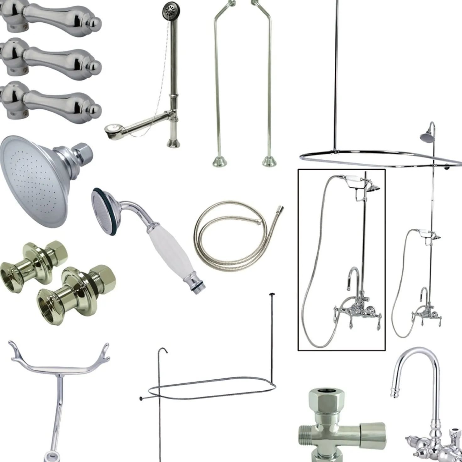 Kingston Brass Vintage High Rise Gooseneck Clawfoot Tub and Shower Package with Porcelain Lever Handles in Polished Chrome